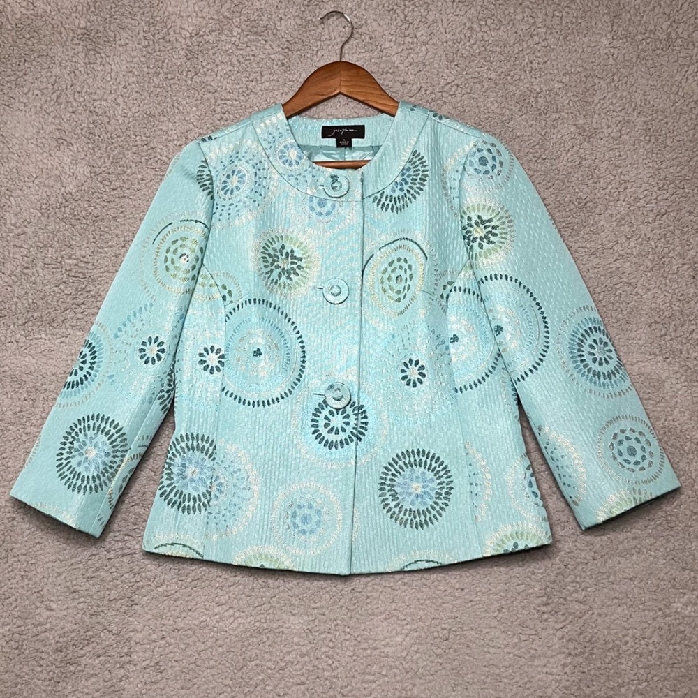 Josephine Blazer Women 4 Shiny Blue Jacquard Textured Statement Jacket Artsy Y2K